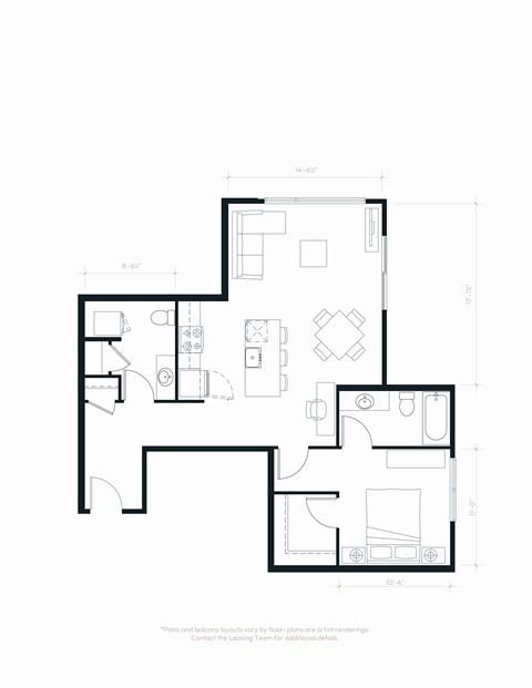 Floor plan for 1 bed, 2 baths, 831 sqft